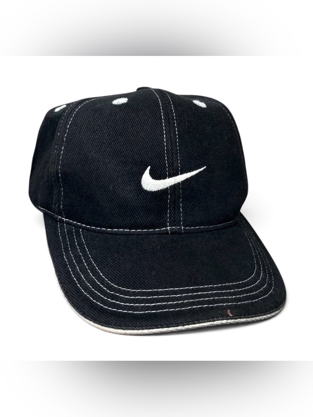 Vintage 90s Nike Swoosh Contrast Stitching Snapback Hat Cap Black White Rare